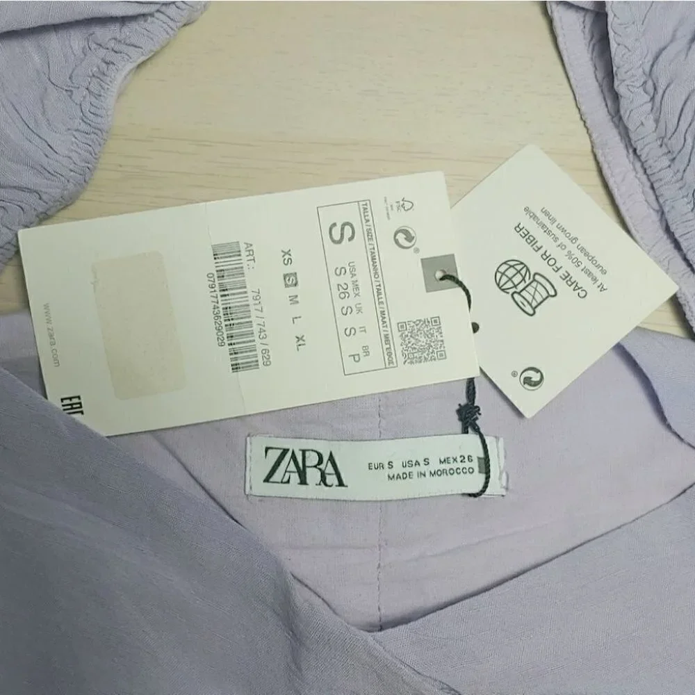NWT ZARA linen blend lilac draped puff sleeves crop top - Picture 10 of 14